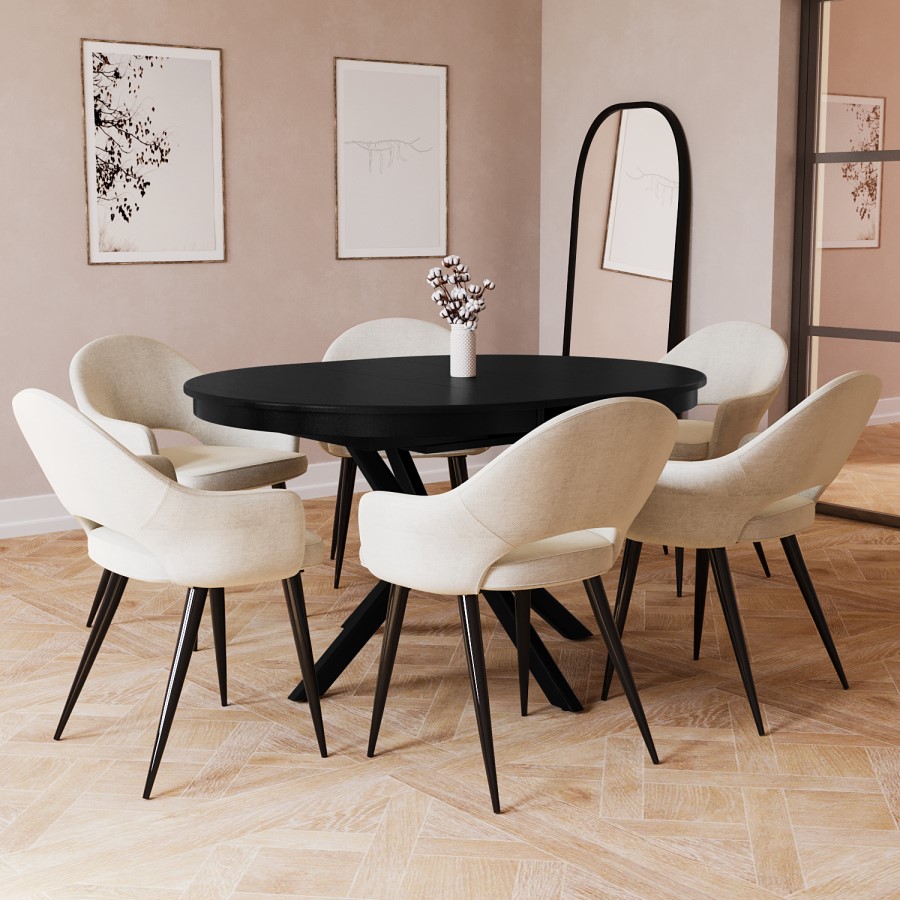 Large Round to Oval Black Extendable Dining Table Set with 6 Beige Upholstered Chairs - Seats 6 - Karie