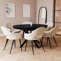 Round Black Extendable Dining Table Set with 6 Beige Upholstered Chairs - Seats 6 - Karie