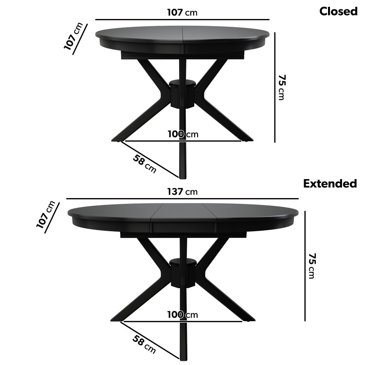 Round Black Extendable Dining Table Set with 6 Beige Upholstered Chairs - Seats 6 - Karie