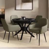 Round to Oval Black Extendable Dining Table Set with 4 Sage Green Faux Leather Chairs - Seats 4 - Karie Round to Oval Black Extendable Dining Table Set with 4 Sage Green Faux Leather Chairs - Seats 4 - Karie