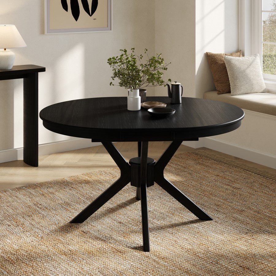 Large Black Wooden Extendable Round to Oval Dining Table - Seats 4 - 6 - Karie