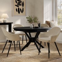 Round to Oval Black Extendable Dining Table Set with 4 Beige Upholstered Chairs - Seats 4 - Karie