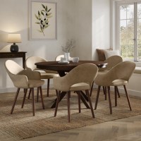 Large Round to Oval Walnut Extendable Dining Table Set with 6 Beige Faux Leather Chairs - Seats 6 - Karie