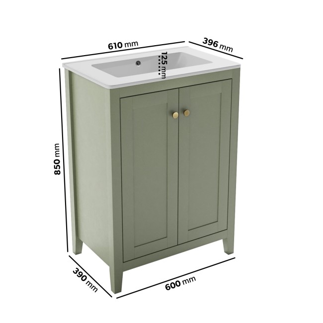 600mm Green Freestanding Vanity Unit with Basin - Kinsley 