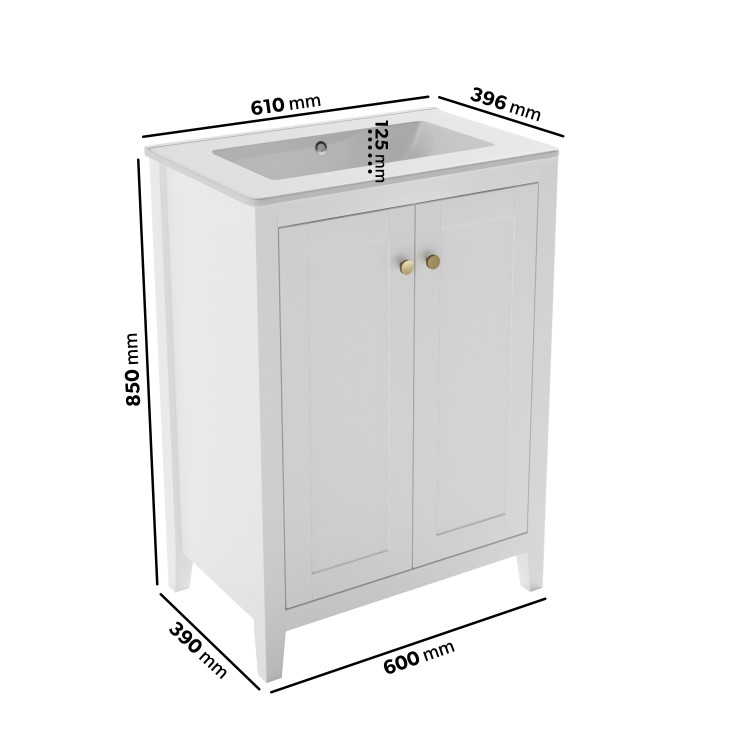 600mm White Freestanding Vanity Unit with Basin - Kinsley 