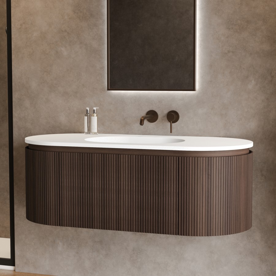 1200mm Walnut Wood Effect Fluted Wall Hung Vanity Unit with Solid Surface Basin - Kobe