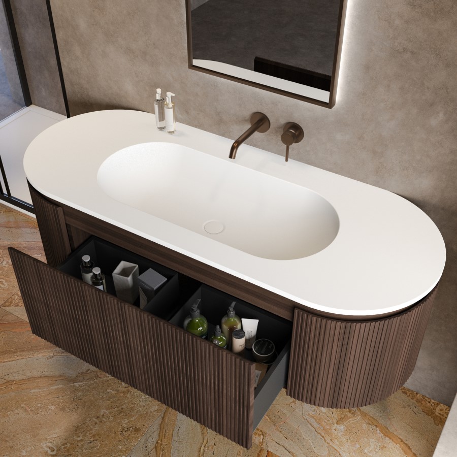 1400mm Walnut Wood Effect Fluted Wall Hung Vanity Unit with Solid Surface Basin - Kobe