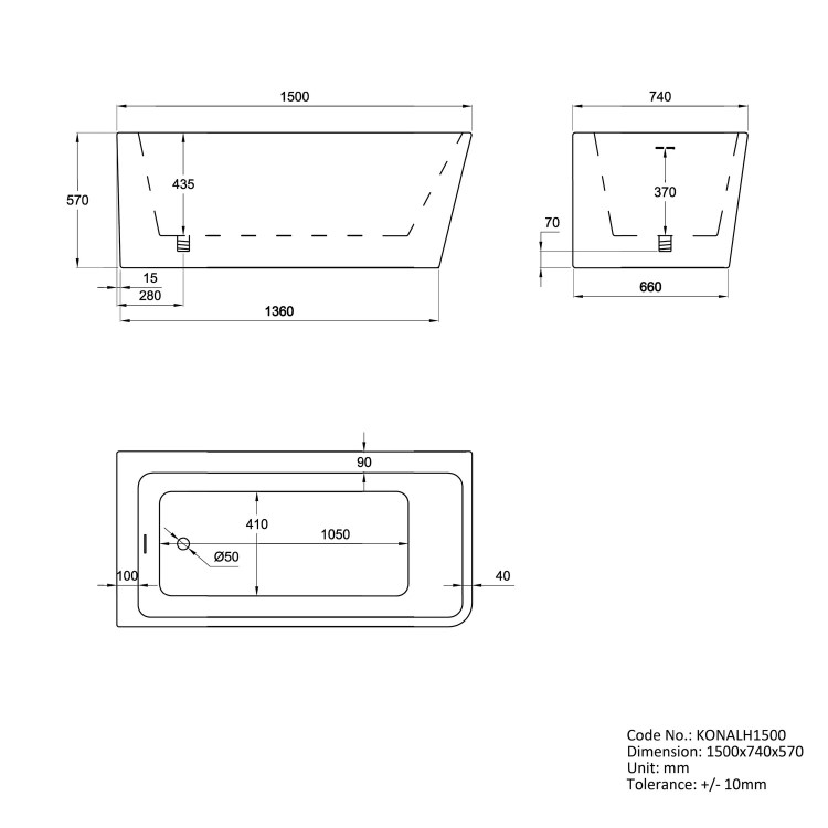 Freestanding Shower Bath Single Ended Left Hand Corner with Brass Bath Screen 1500 x 740mm - Kona