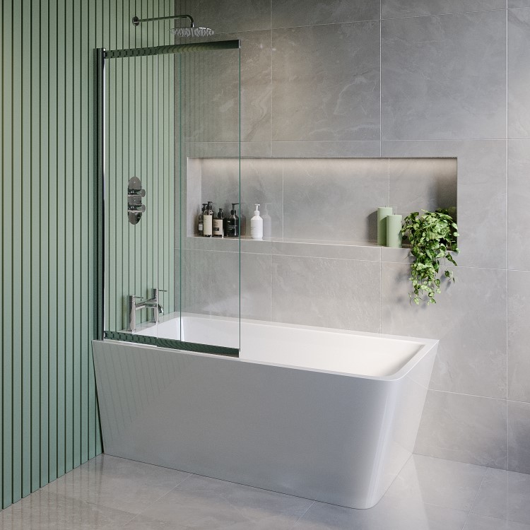 Freestanding Single Ended Left Hand Corner Shower Bath with Chrome Sliding Bath Screen 1500 x 740mm - Kona 
