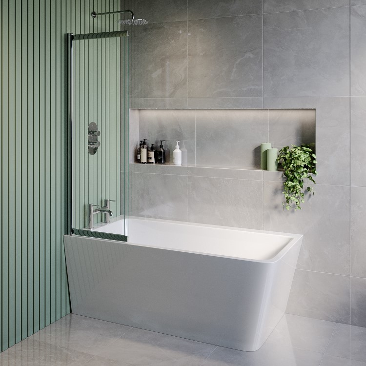 Freestanding Single Ended Left Hand Corner Shower Bath with Chrome Sliding Bath Screen 1500 x 740mm - Kona 
