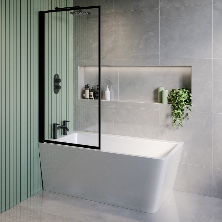 Freestanding Single Ended Left Hand Corner Shower Bath with Black Bath Screen 1500 x 740mm - Kona