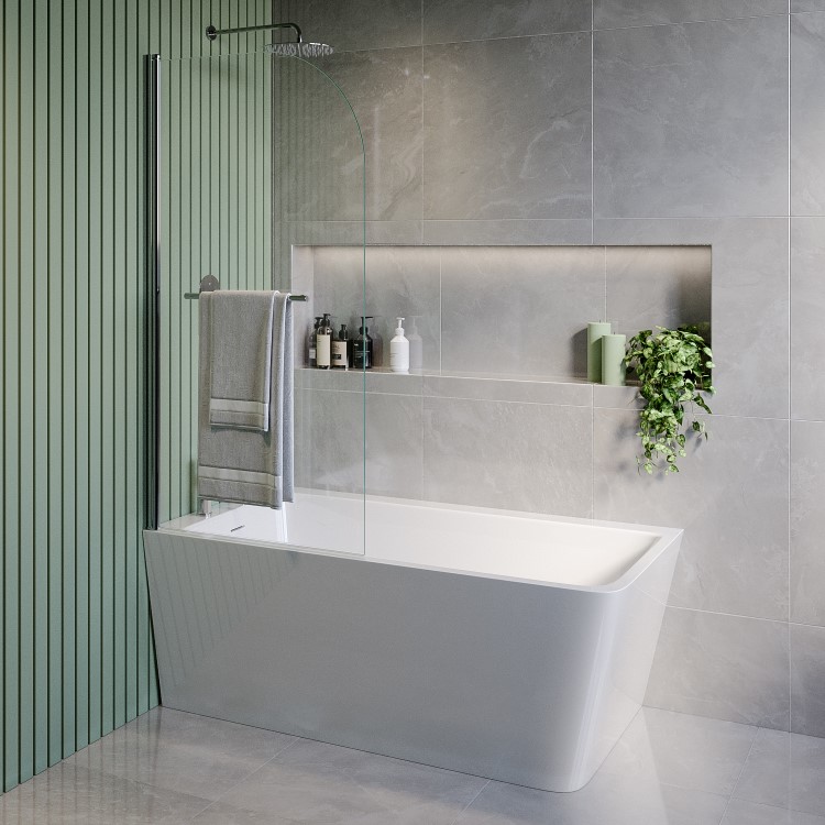 Freestanding Single Ended Left Hand Corner Shower Bath with Chrome Bath Screen with Towel Rail 1500 x 740mm - Kona