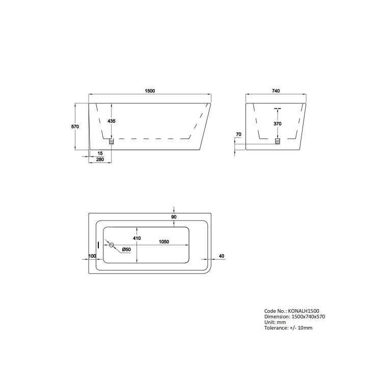 Freestanding Single Ended Left Hand Corner Bath 1500 x 740mm - Kona