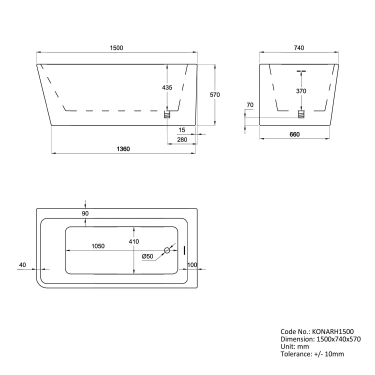 Freestanding Shower Bath Single Ended Right Hand Corner with Black Bath Screen 1500 x 740mm - Kona