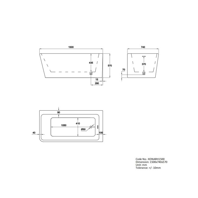 Freestanding Single Ended Right Hand Corner Bath 1500 x 740mm - Kona