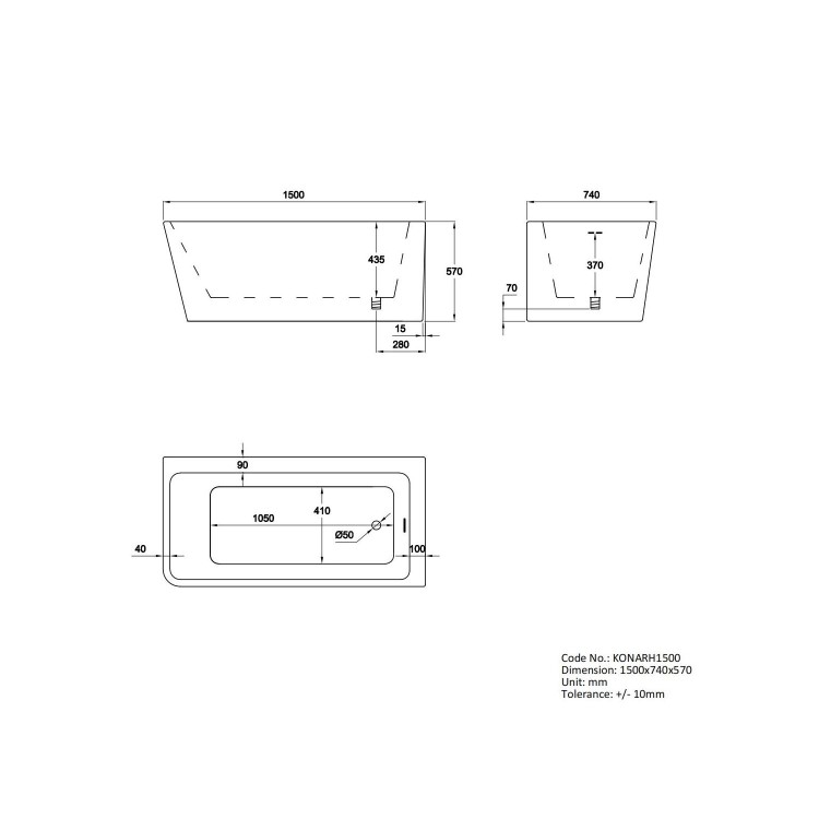 Freestanding Single Ended Right Hand Corner Bath 1500 x 740mm - Kona