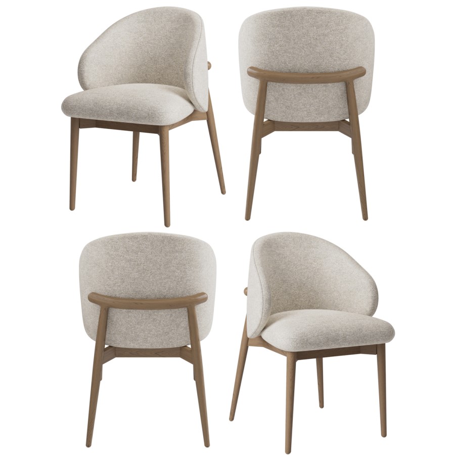 Set of 4 Beige Upholstered Curved Dining Chair with Solid Rustic Wood Exposed Back - Kori