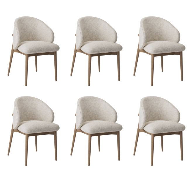 Set of 6 Beige Upholstered Curved Dining Chairs with Solid Rustic Exposed Back - Kori