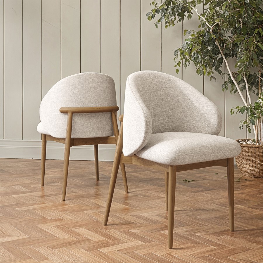 ALMOST PERFECT - Beige Upholstered Curved Dining Chair With Solid Rustic Oak Exposed Back - Kori