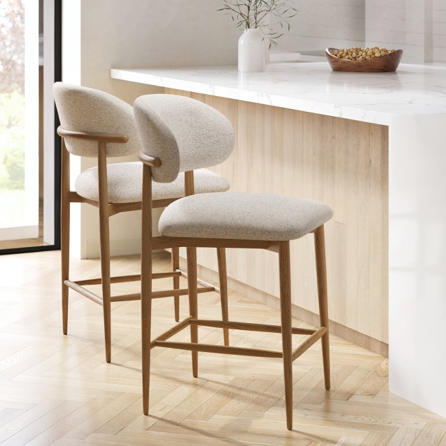 Set of 2 Beige Upholstered Curved Kitchen Stools With Solid Rustic Oak Exposed Back - Kori