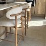 Set of 2 Beige Upholstered Curved Kitchen Stools With Solid Rustic Oak Exposed Back - Kori