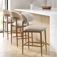 Set of 3 Beige Upholstered Curved Kitchen Stools with Solid Oak Exposed Back - Kori