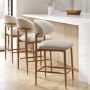 Set of 3 Beige Upholstered Curved Kitchen Stools with Solid Oak Exposed Back - Kori
