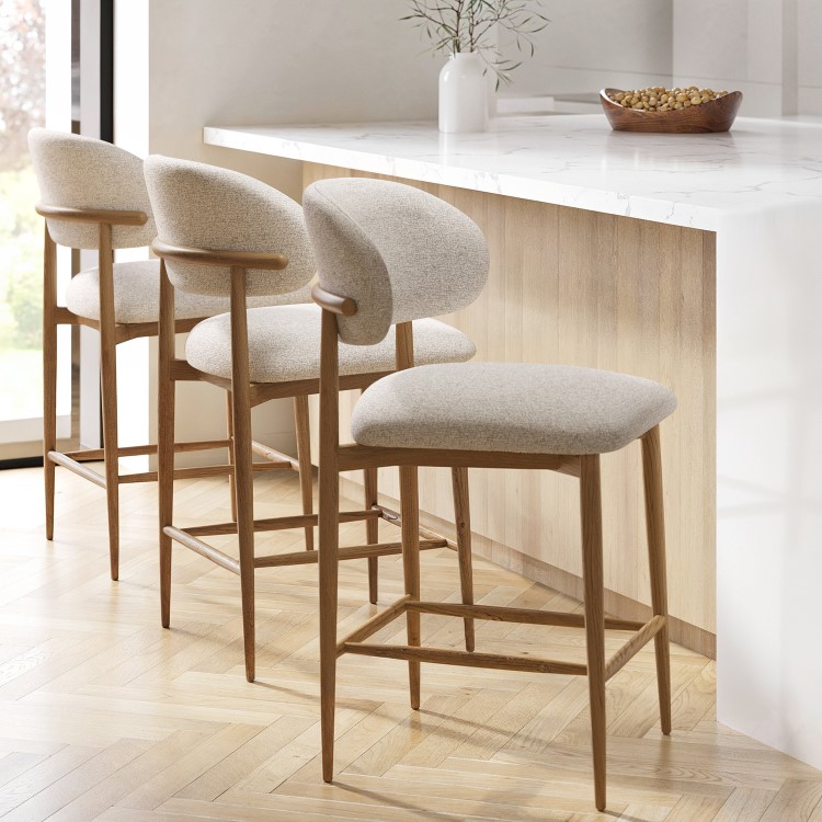 Set of 3 Beige Upholstered Curved Kitchen Stools With Solid Rustic Oak Exposed Back - Kori