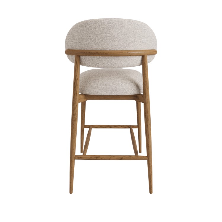 Set of 3 Beige Upholstered Curved Kitchen Stools With Solid Rustic Oak Exposed Back - Kori