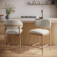 Set of 2 Beige Upholstered Curved Kitchen Stools With Solid Oak Exposed Back - Kori