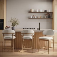 Set of 3 Beige Upholstered Curved Kitchen Stools With Solid Oak Exposed Back - Kori