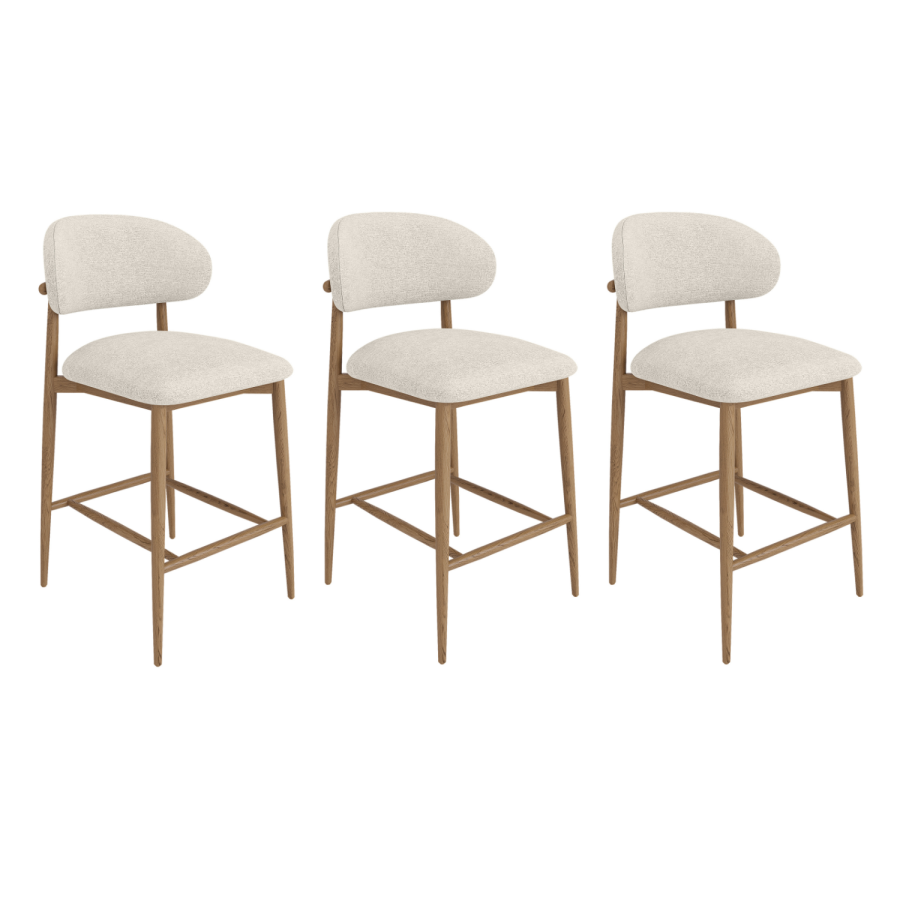 Set of 3 Beige Upholstered Curved Kitchen Stools With Solid Oak Exposed Back - Kori