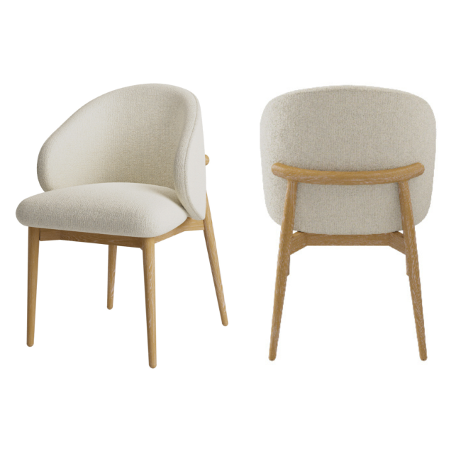 Set of 2 Cream Upholstered Curved Dining Chair with Limewash Solid Oak Exposed Back - Kori