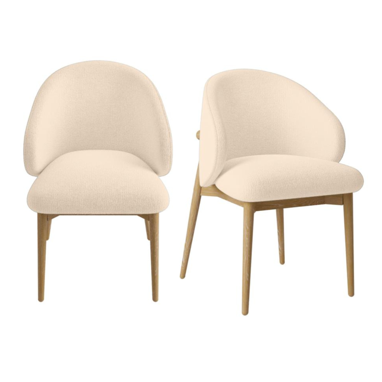 Set of 2 Cream Upholstered Curved Dining Chair with Limewash Solid Oak Exposed Back - Kori