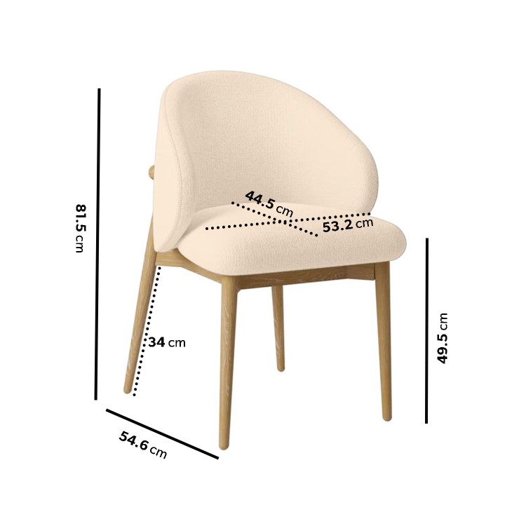 Set of 4 Cream Upholstered Curved Dining Chair with Limewash Solid Oak Exposed Back - Kori