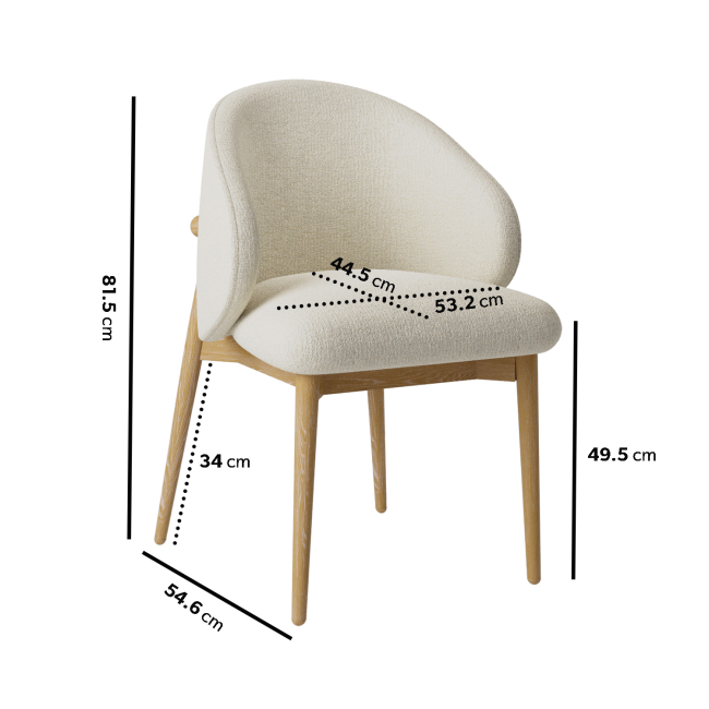 Set of 4 Cream Upholstered Curved Dining Chair with Limewash Solid Oak Exposed Back - Kori