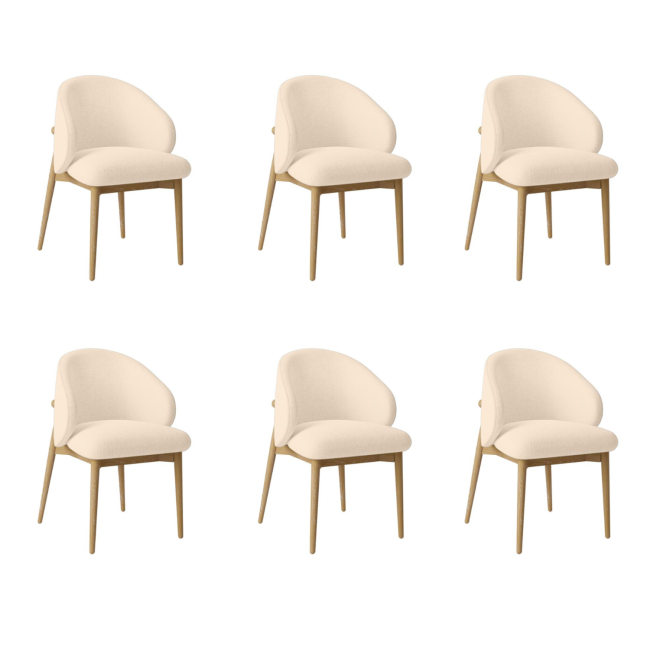 Set of 6 Cream Upholstered Curved Dining Chairs with Limewash Solid Oak Exposed Back - Kori