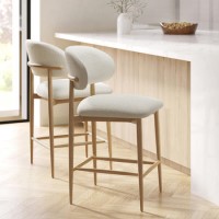 Cream Upholstered Curved Kitchen Stool with Limewash Solid Oak Exposed Back - Set of 2 - Kori