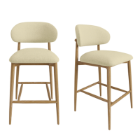 Set of 2 Cream Upholstered Curved Kitchen Stools with Limewash Solid Wood Exposed Back - Kori
