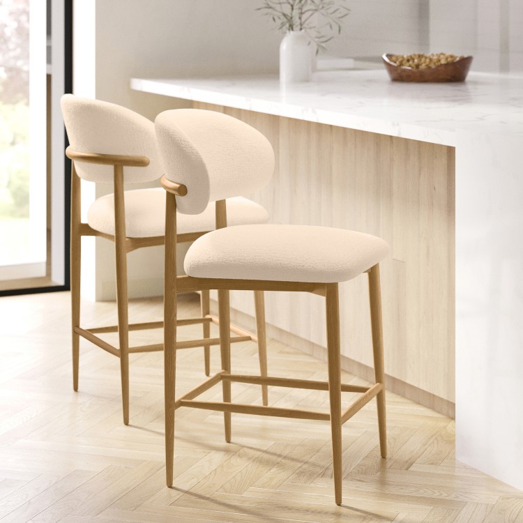 Set of 2 Cream Upholstered Curved Kitchen Stools with Limewash Solid Oak Exposed Back - Kori