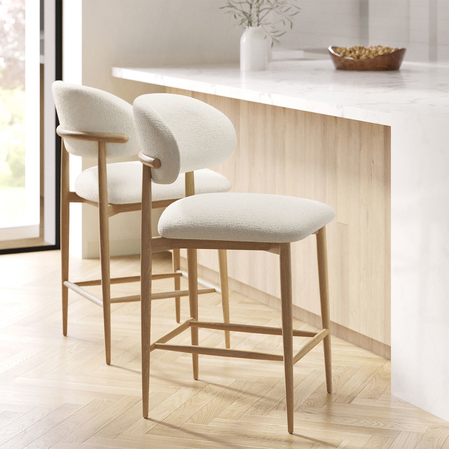 Set 2 Upholstered Curved Kitchen Stools Limewash Solid Oak Exposed Back Available as individual set 3 4