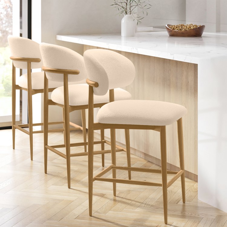 Set of 3 Cream Upholstered Curved Kitchen Stools with Limewash Solid Oak Exposed Back - Kori