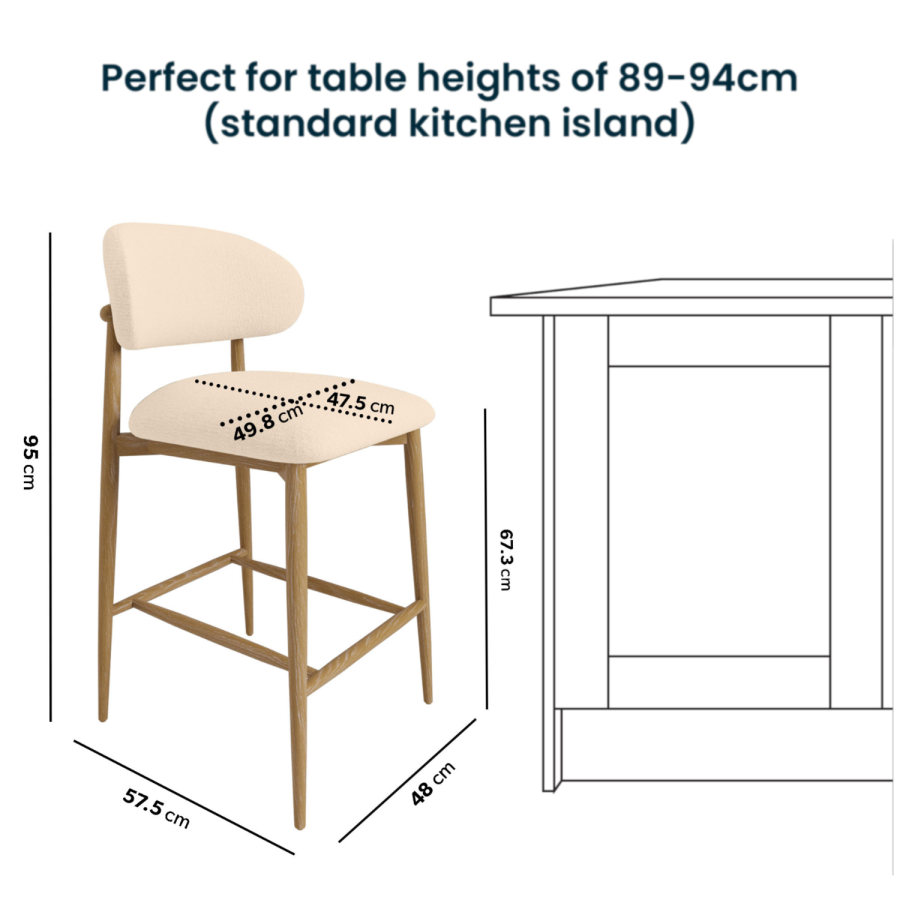 Set of 3 Cream Upholstered Curved Kitchen Stools with Limewash Solid Oak Exposed Back - Kori