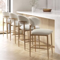 Cream Upholstered Curved Kitchen Stool with Limewash Solid Oak Exposed Back -Set of 4 -Kori