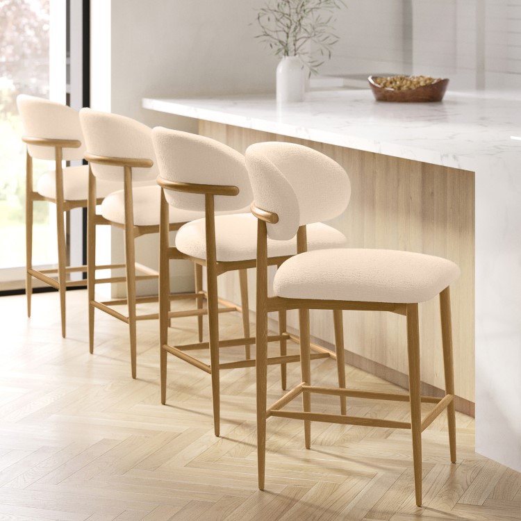 Set of 4 Cream Upholstered Curved Kitchen Stools with Limewash Solid Oak Exposed Back - Kori