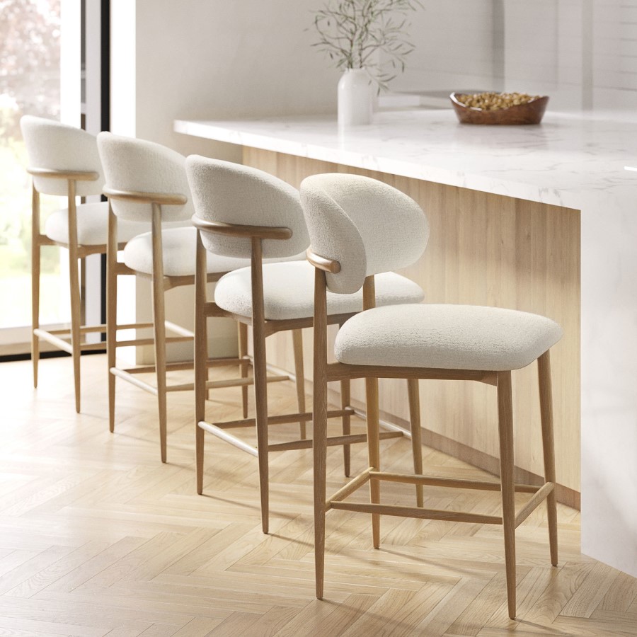 Set of 4 Cream Upholstered Curved Kitchen Stools with Limewash Solid Wood Exposed Back - Kori - Furniture123