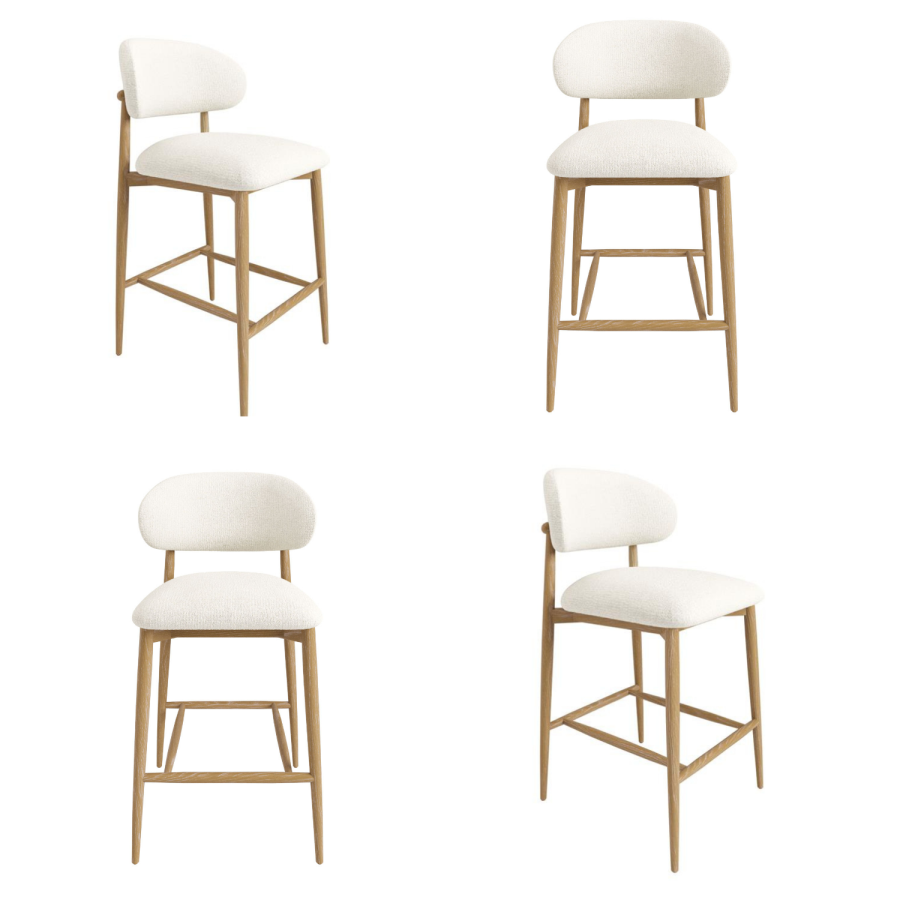 Set of 4 Cream Upholstered Curved Kitchen Stools with Limewash Solid Wood Exposed Back - Kori - Furniture123