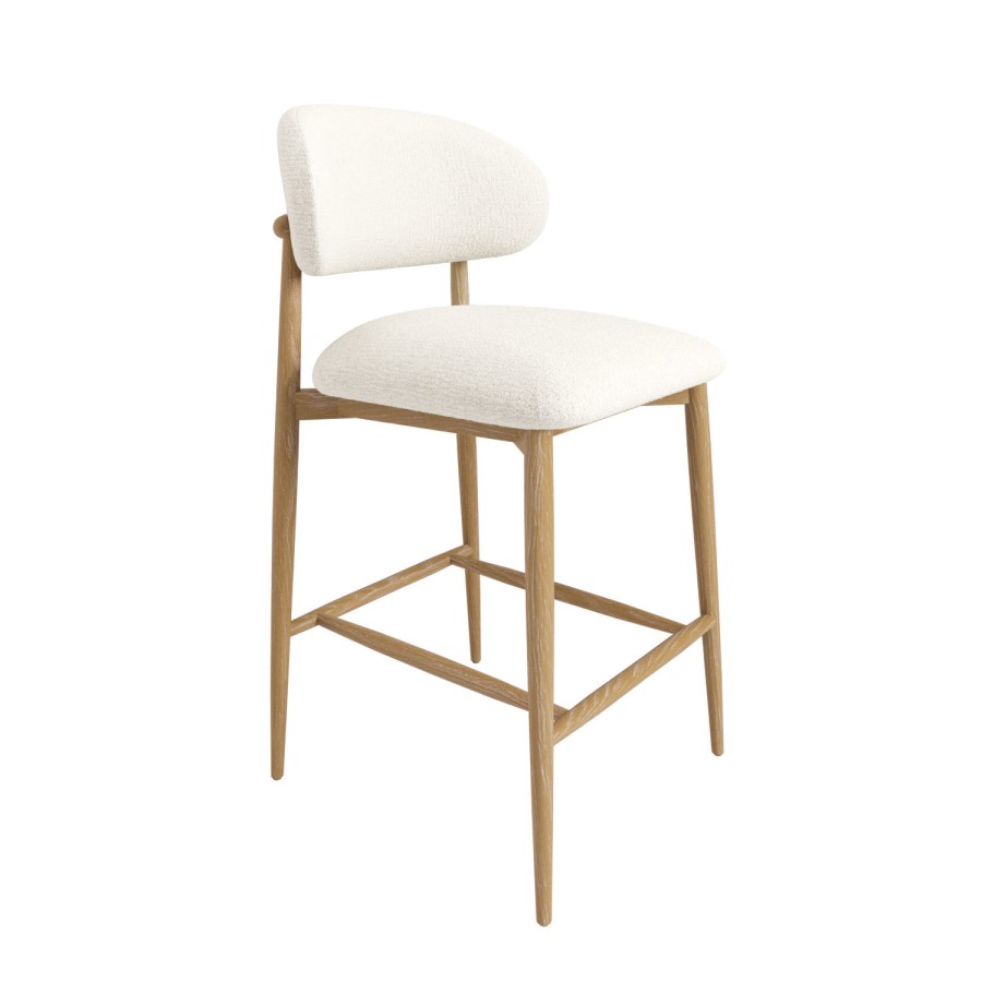 Set of 4 Cream Upholstered Curved Kitchen Stools with Limewash Solid Wood Exposed Back - Kori - Furniture123