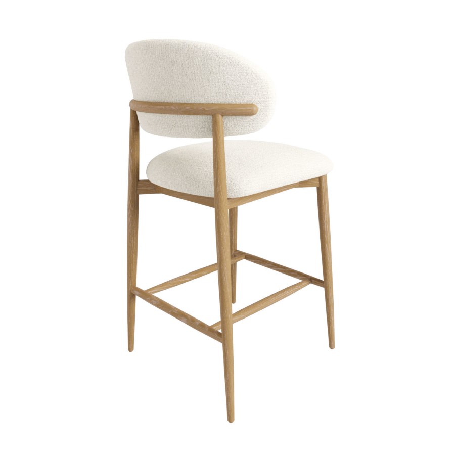 Set of 3 Cream Upholstered Curved Kitchen Stools with Limewash Solid Oak Exposed Back - Kori