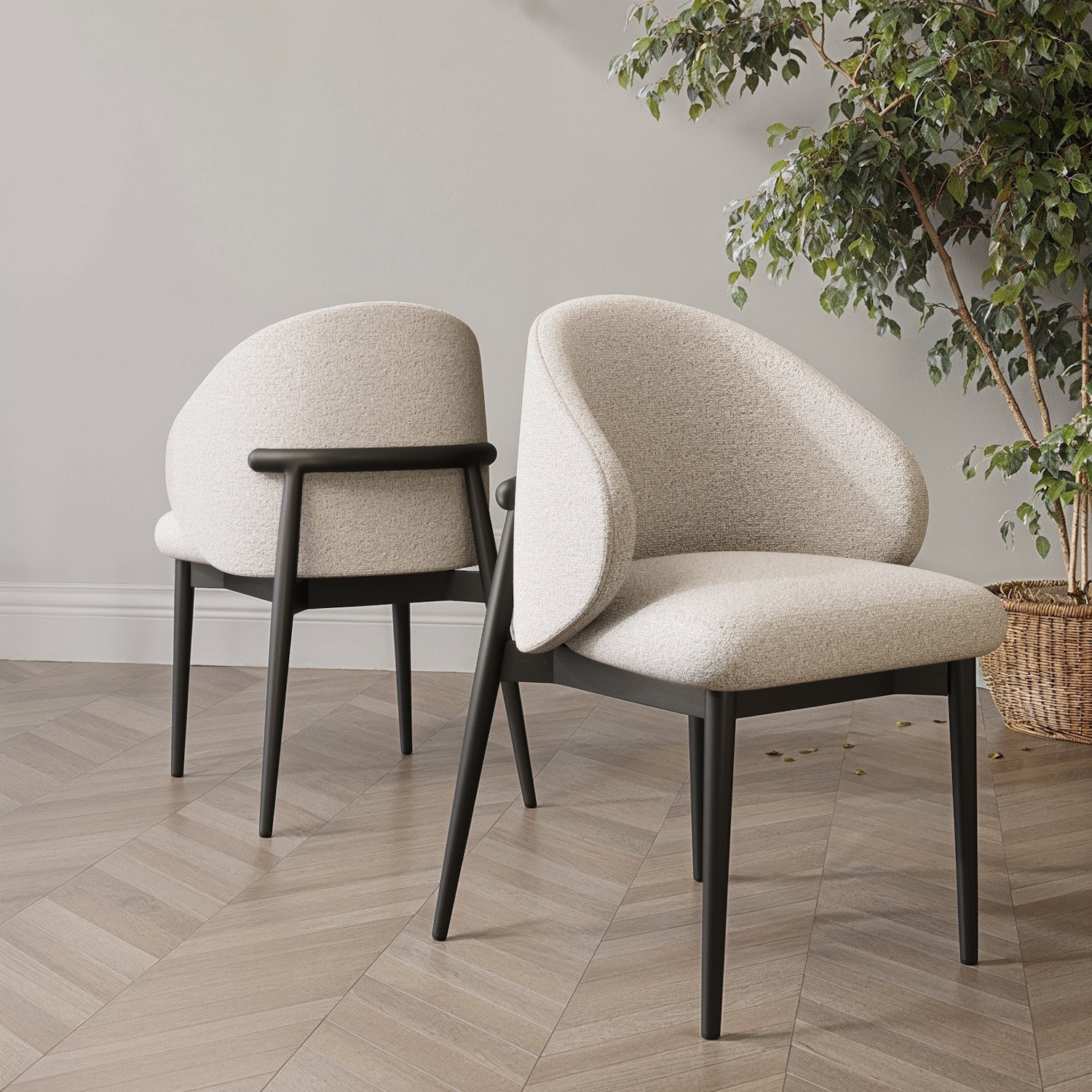 Set 2 Cream Upholstered Curved Dining Chairs Wooden Exposed Back Available as individual set 4 6